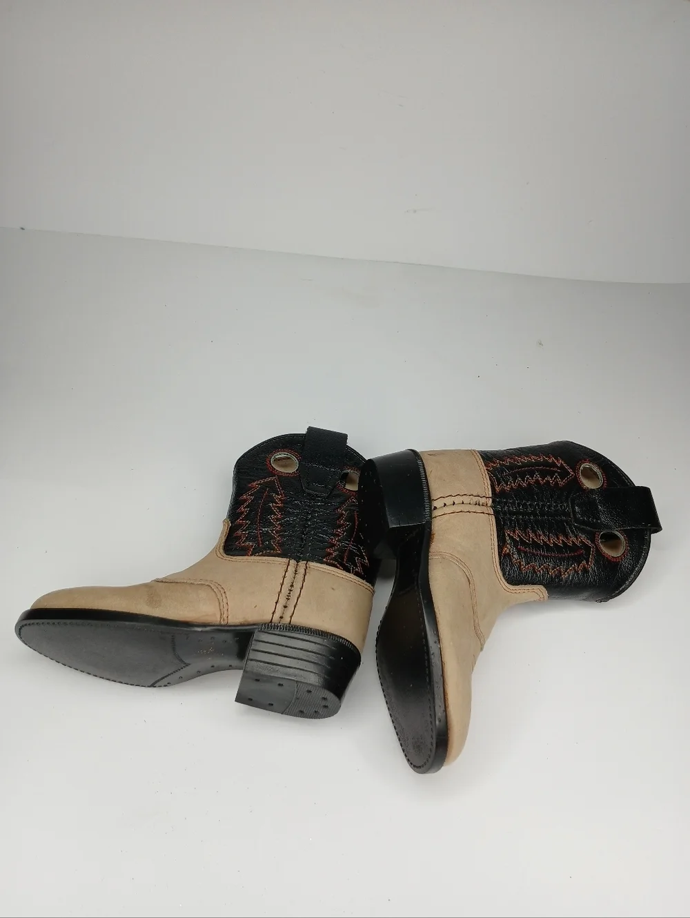 Kids Western Cowboy Boots Tan & Black | Size 2 Toddler | Classic Embroidered Rod